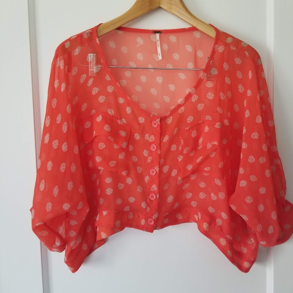 Free People Orange Floral Semi Sheer Cropped top